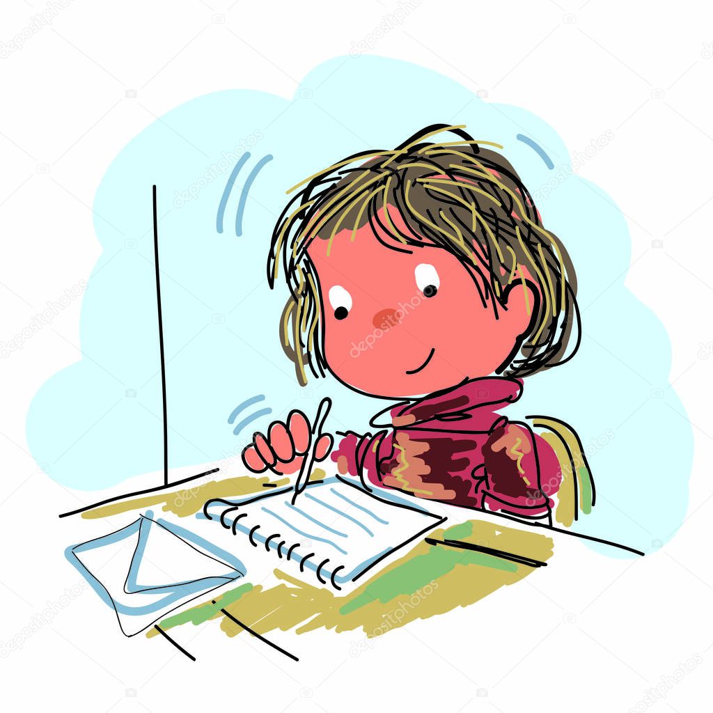 Happy child writing in notebook - vector illustration