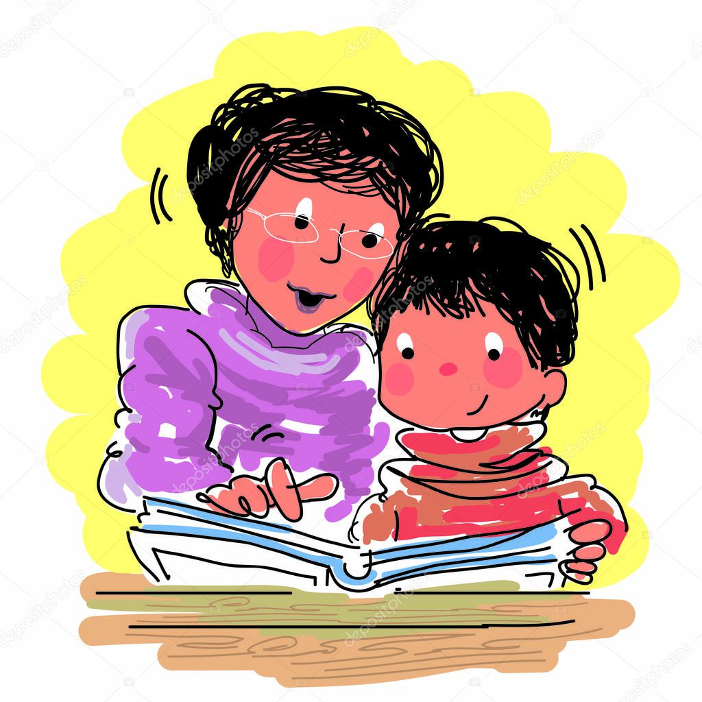 Happy child and mother reading a book - vector illustration