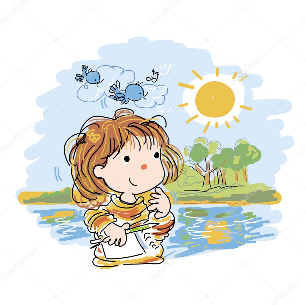 Happy Child thinks to drawing in nature, vector illustration
