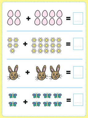 Paskalya öğelerini ekle. Kaç tane var? Toplam miktarı kutuya yaz. Çocuklar için etkinlik.