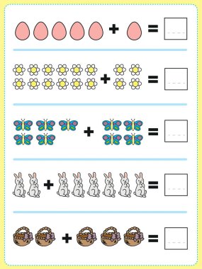Paskalya öğelerini ekle, kaç tane var, kutuya toplamı yaz, çocuklar için etkinlik
