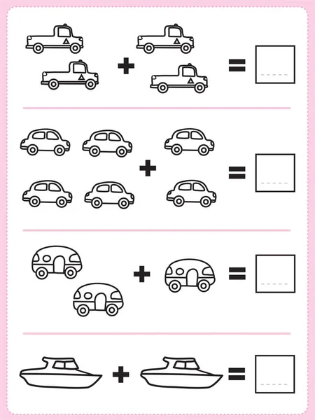 Count Vehicles Complete Each Addition Problem Learn Activity Kids — Stock Vector