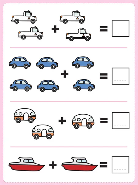 Count Vehicles Complete Each Addition Problem Learn Activity Kids — Stock Vector