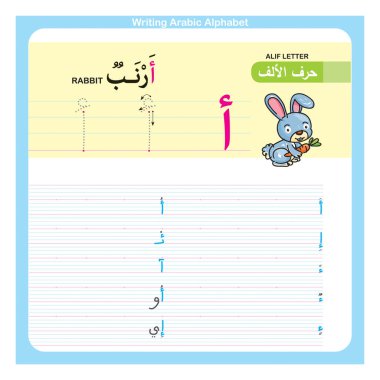 Resimli Arapça alfabe yazma pratiği, çocuklar için etkinlik öğrenme