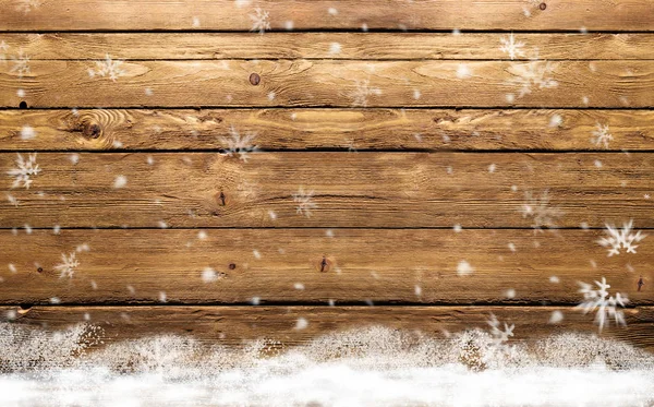 Fondo de madera con copos de nieve — Foto de Stock