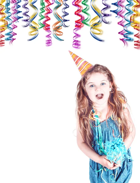 Sorrindo menina com apito — Fotografia de Stock