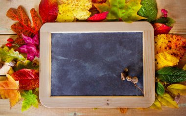 tahta masada sonbahar yaprakları ile 