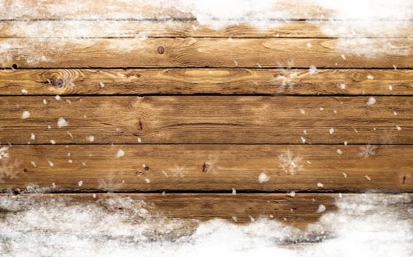 Ξύλινο υπόβαθρο χειμώνα με νιφάδες χιονιού — Φωτογραφία Αρχείου