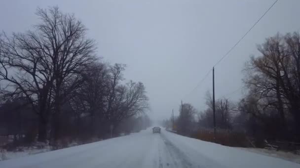Achter Het Voertuig Rijden Het Platteland Terwijl Sneeuw Stormt Bestuurderspunt — Stockvideo