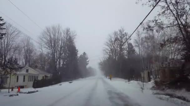 Conduzindo Tempestade Neve Inverno Subúrbio Residencial Dia Ponto Vista Motorista — Vídeo de Stock