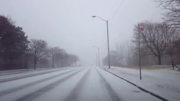 Jazdy Winter Snow Storm Ruchu Pojazdów Dzień Punkt Widokowy Kierowcy — Wideo stockowe