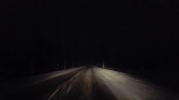Geceleri Kırsal Yolda Kar Yağarken Araba Kullanmak Sürücü Bakış Açısı — Stok video