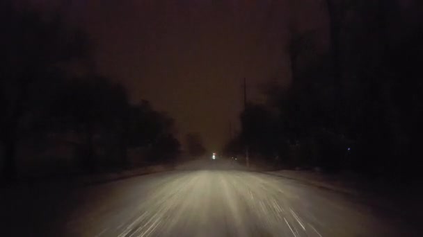 Dirigindo Neve Nevasca Estrada Rural Noite Ponto Vista Motorista Pov — Vídeo de Stock