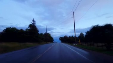 * Ters Hareket * Kırsal Kırsal Toprak Yolu Gündüz Bulutlu Gökyüzü Altında Sürme. Karanlık Yağmurdan Sonra Sürücü Bakış Alanı Ters Sokağında Suyla Yağmurdan Sonra Pov.