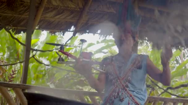 Indigenous Old Man Performs A Traditional Shamanic Ritual To Bless A Drone — Stock Video