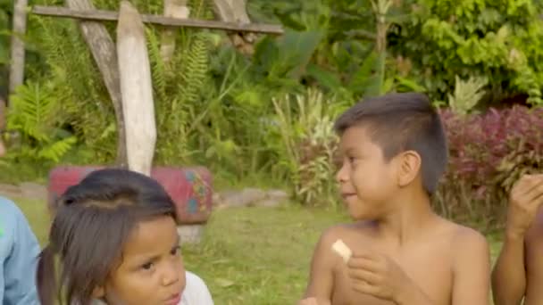 Crianças indígenas felizes comem cana de açúcar — Vídeo de Stock
