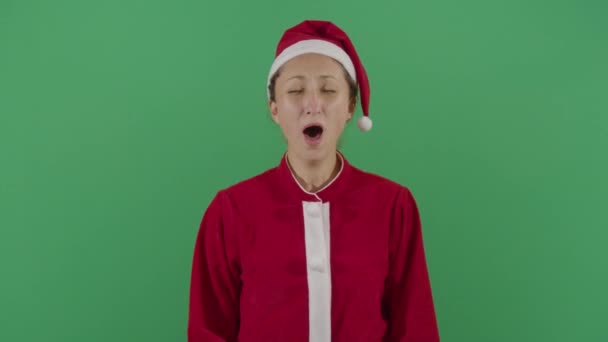 Woman Santa Claus Yawning After Long Night — ストック動画