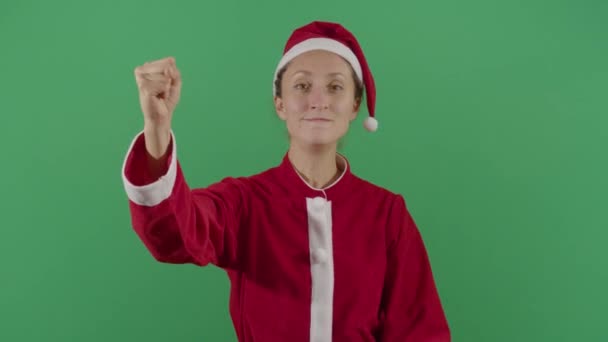 Kvinna jultomten gör knytnäve tecken — Stockvideo