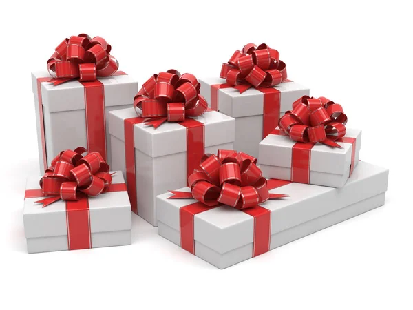 White Gift Boxes Red Ribbon — Stock Photo, Image