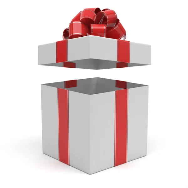 Open Gift Box Red Silver Bow — Stock Photo, Image