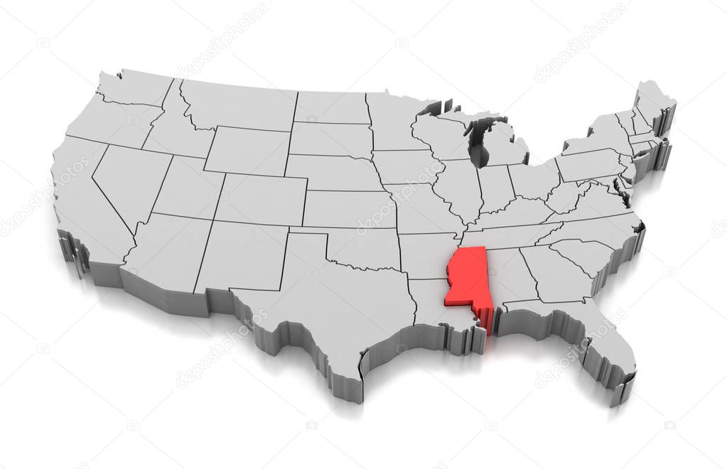 Map of Mississippi state, USA