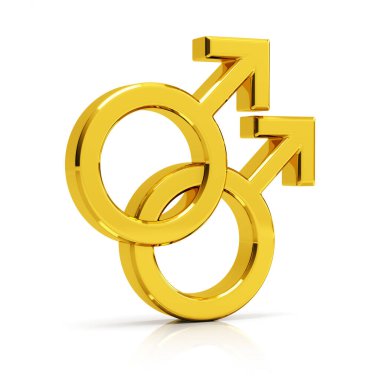 Eşcinsel sembolü 3D çizim. Beyaz arka planda izole edilmiş altın gay sembolü.