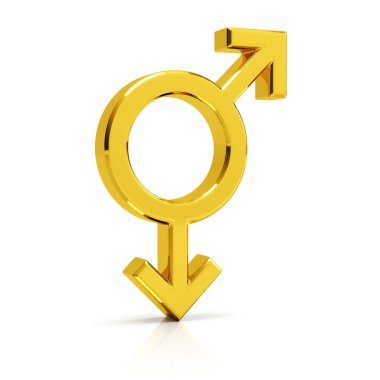 Eşcinsel sembolü 3D çizim. Beyaz arka planda izole edilmiş altın gay sembolü.