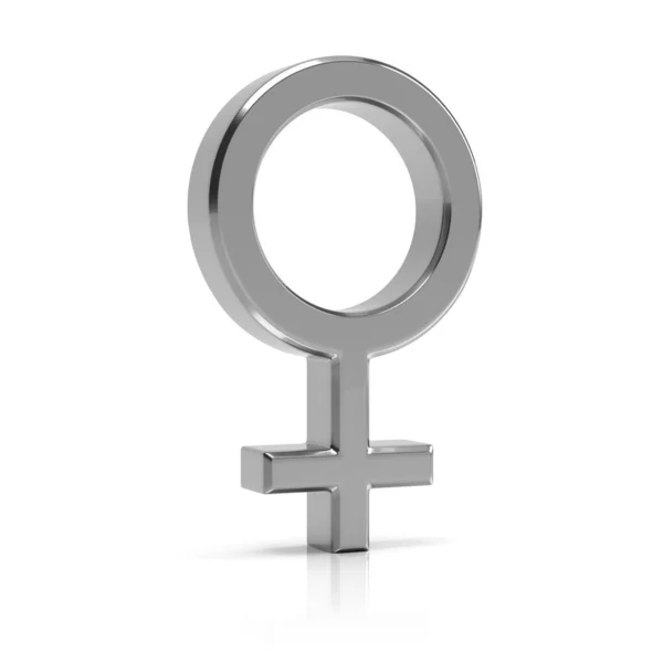 Símbolo femenino 3d render. Símbolo femenino de plata aislado en blanco — Foto de Stock