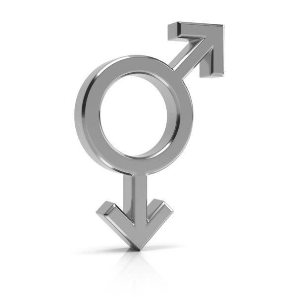 Гей-символ 3d рендеринга. Серебряный гей-символ изолирован на белом триколоре
