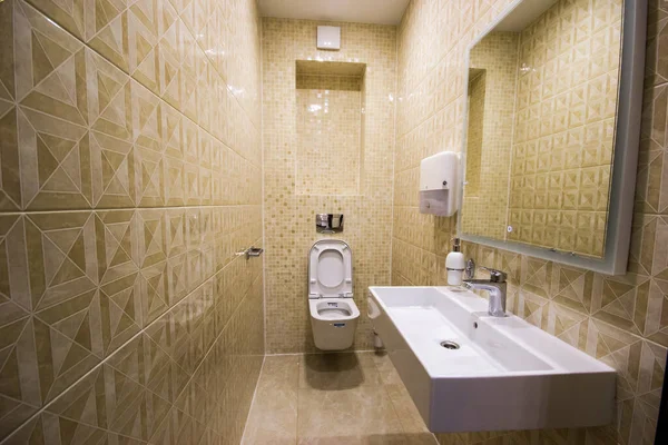 Interior Banheiro Moderno Com Pia Espelho Dispensador Sabão Imagem De Stock