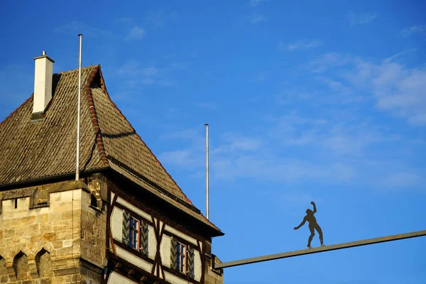 Die Beiden Trme Der Stadtkirche Sankt Dionys Esslingen Die Brcke — Stock Photo, Image