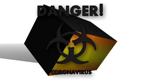 コロナウイルス3次元立方体にバイオハザード記号。背景 — ストック写真
