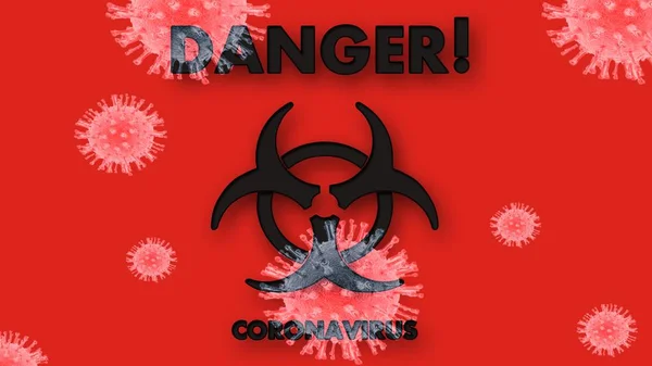 Коронавирус. На красном фоне вирусы и знак биологической опасности. Письменный коронавирус — стоковое фото