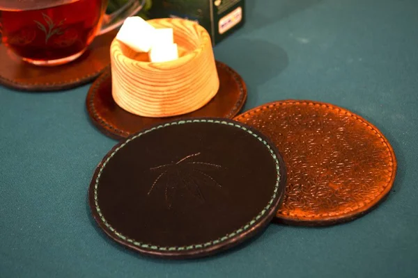 Stand for tea made of genuine leather — Stock Photo, Image