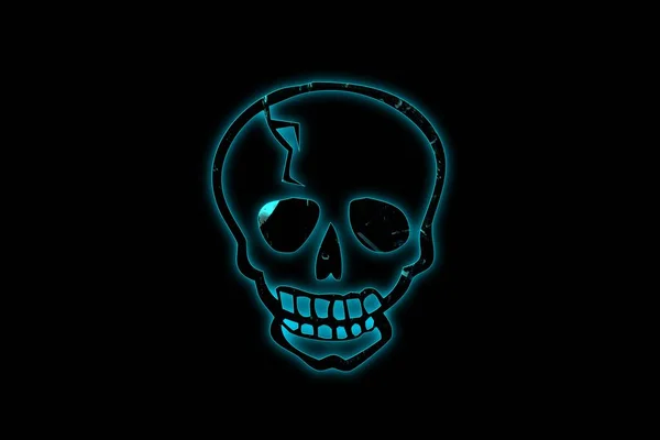 Glowing neon skull on a black background.