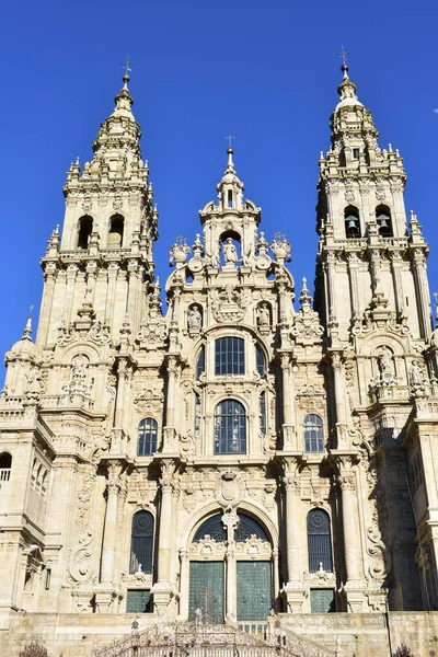 Cathedral Baroque Facade Towers Plaza Del Obradoiro Blue Sky Santiago — Stock Photo, Image