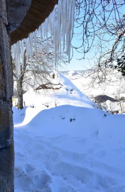 Antik karlı palloza yuvarlak evler taştan ve samandan sarkıtlar. Piornedo dağ köyü, Ancare, Lugo, Galiçya, İspanya.
