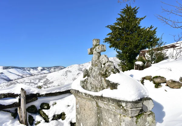 Winter landscape with old stone fountain, fir tree and snowy mountains with blue sky. Piornedo Village, Ancares, Lugo, Galicia, Spain.