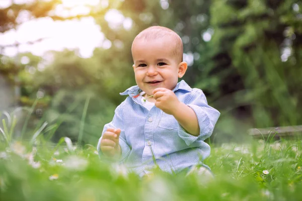 Bayi laki-laki manis bermain dengan bunga di taman — Stok Foto