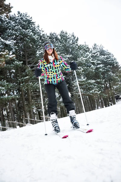 Kadın Kayak, dağ boyunca freeride süre rahatlatıcı — Stok fotoğraf