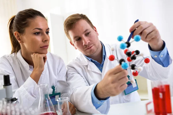 Dwóch studentów chemii ogląda model cząsteczkowy i Dokonywanie — Zdjęcie stockowe