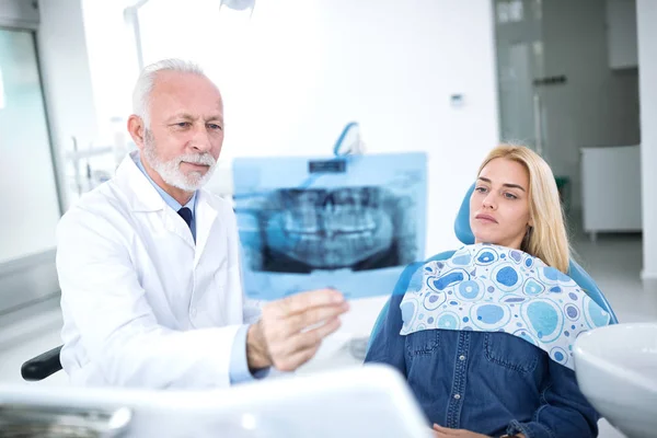 Врач-стоматолог и пациент рассматривают возможность необходимого лечения теитов — стоковое фото
