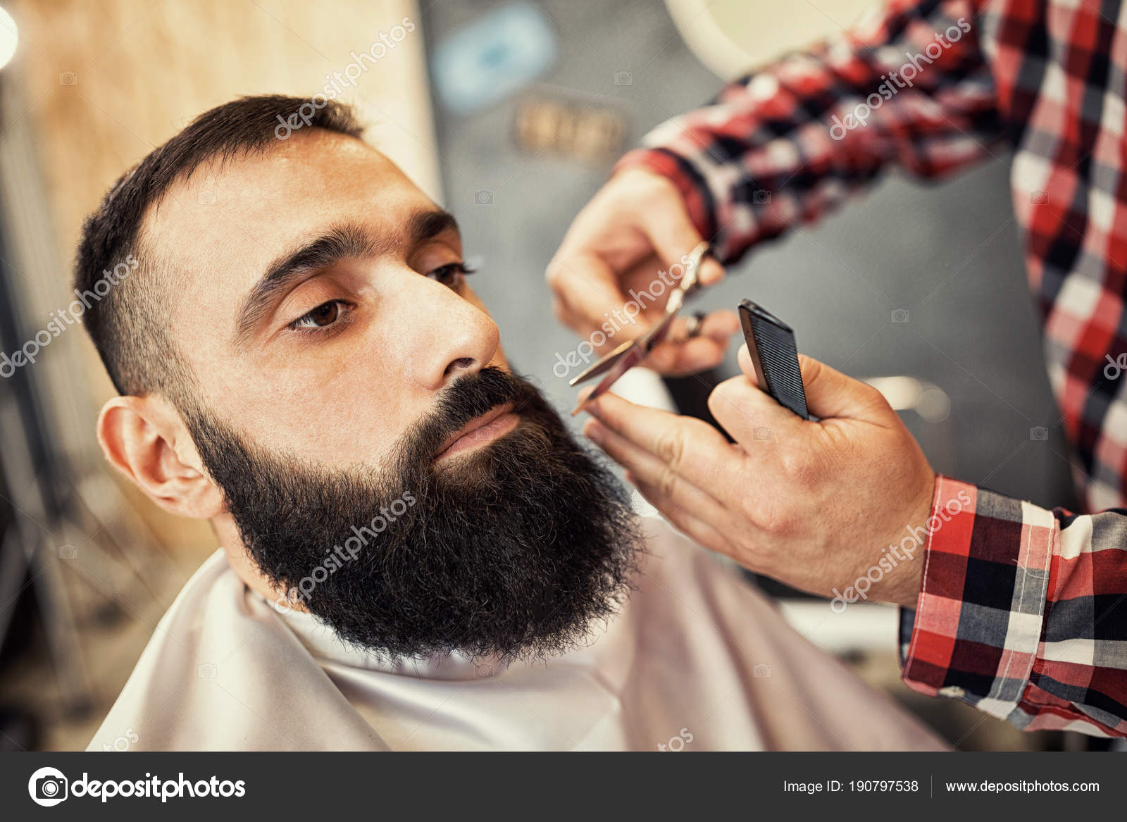 Hairdresser Doing Haircut Beard Young Attractive Hipster
