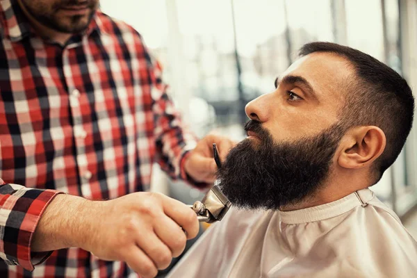 Barber Cutting Beard Scissors Beard Must Perfect Close — Stock Photo, Image