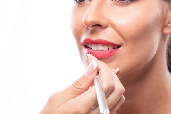 Nakładanie Makijażu Usta Pięknej Kobiety Koncepcja Piękna — Zdjęcie stockowe