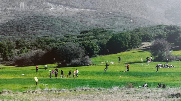 Ailesi dağların yakınındaki bir vadide uçurtma uçuran çocuklar.