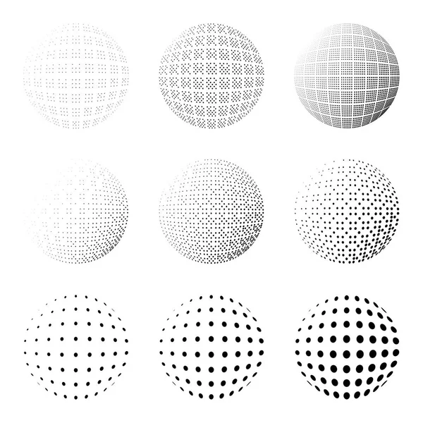 Set of Halftone circles isolated on the white background.Collection of halftone effect dot patterns ns.Sphere illustration.Abstract business symbol.Circular vector logo for your design.Isolated black icon . — стоковый вектор