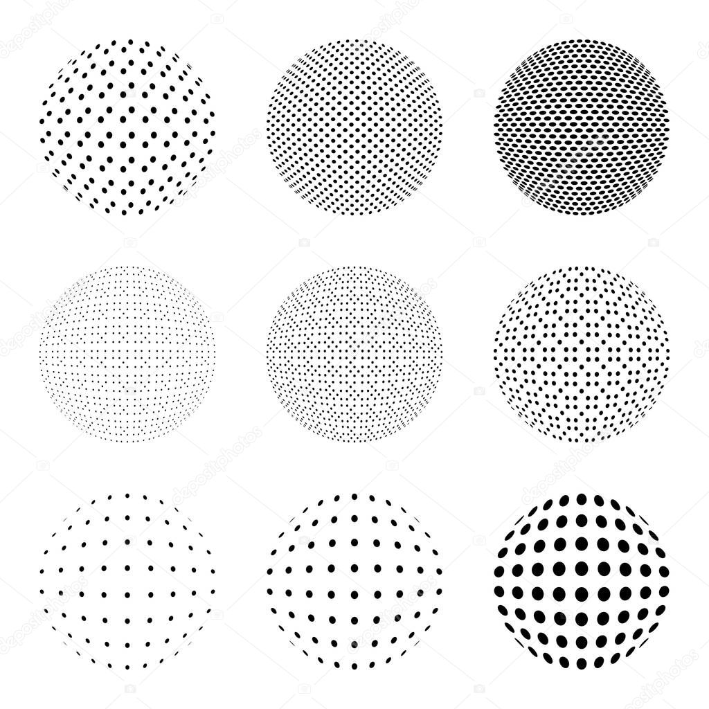 Set of Halftone circles isolated on the white background.Collection of halftone effect dot patterns.Sphere illustration.Abstract business symbol.Circular vector logo for your design.Isolated black icon.