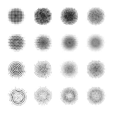 Noktalı resim kümesi beyaz arka plan üzerinde izole daireler kabartmak. Noktalı resim etkisi nokta desen koleksiyonu.