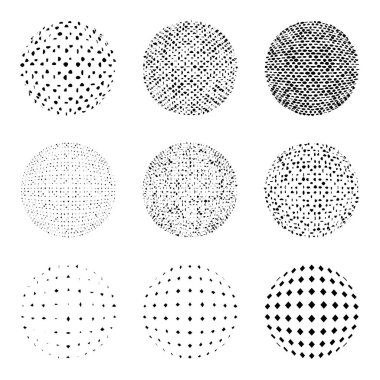 Beyaz arka plan üzerinde izole öğeleri noktalı resim kümesi bozuk. Noktalı resim etkisi nokta desenlerini topluluğu. İllüstrasyon küre. İş sembolü. Dairesel vektör logo tasarım için. İzole siyah simgesi.